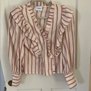 FRNCH Ruffled Red and Cream Blouse with Cuffed Sleeves